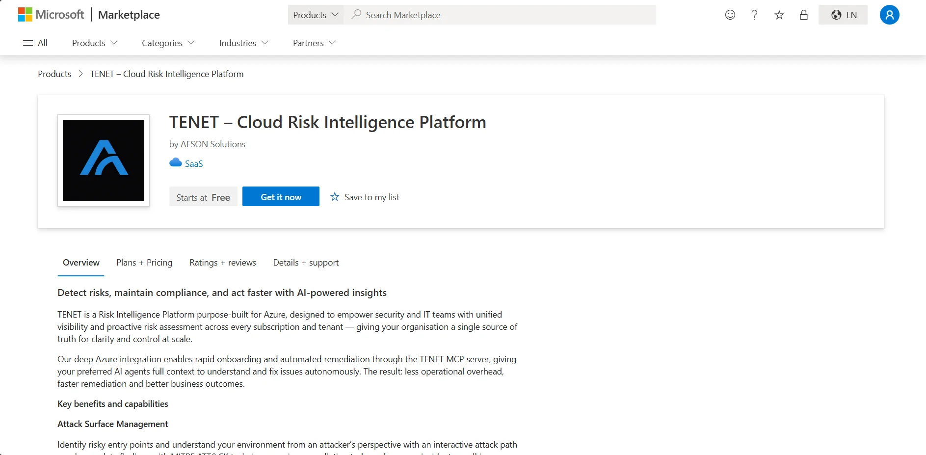 TENET listing on the Azure Marketplace